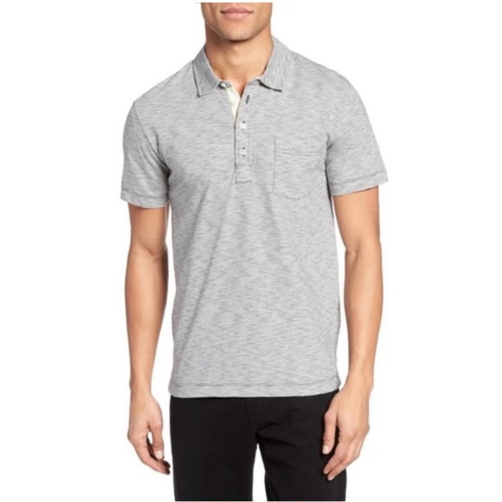 Billy Reid Men's Short Sleeve Pensacola Polo Shirt with Pocket, Gray Stripe XL